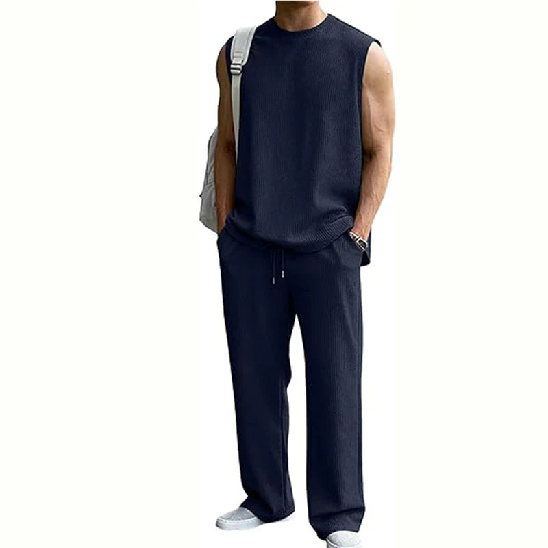 Ribbed Sleeveless Tank & Trouser Set - Black