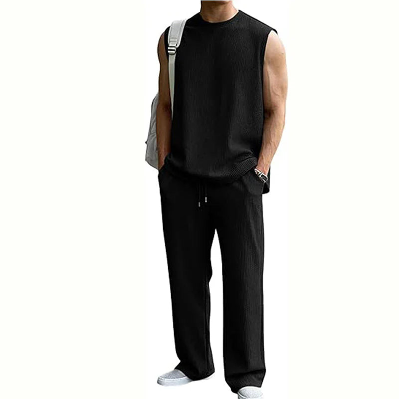 Ribbed Sleeveless Tank & Trouser Set - Navy