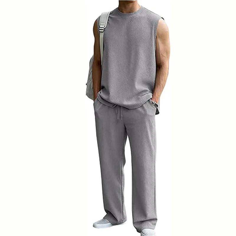 Ribbed Sleeveless Tank & Trouser Set - Grey