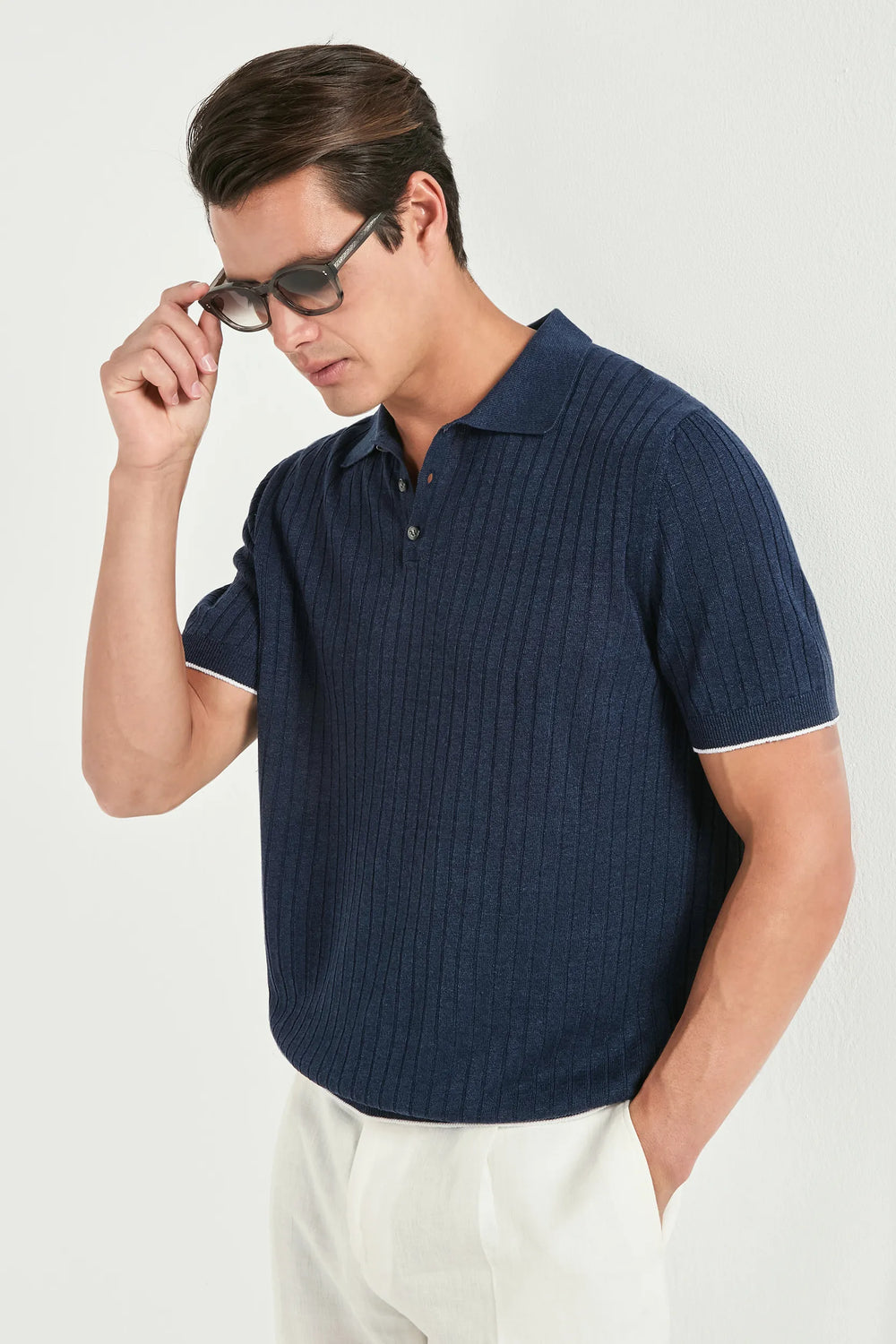 Blue cotton and linen ribbed polo - Made in Italy