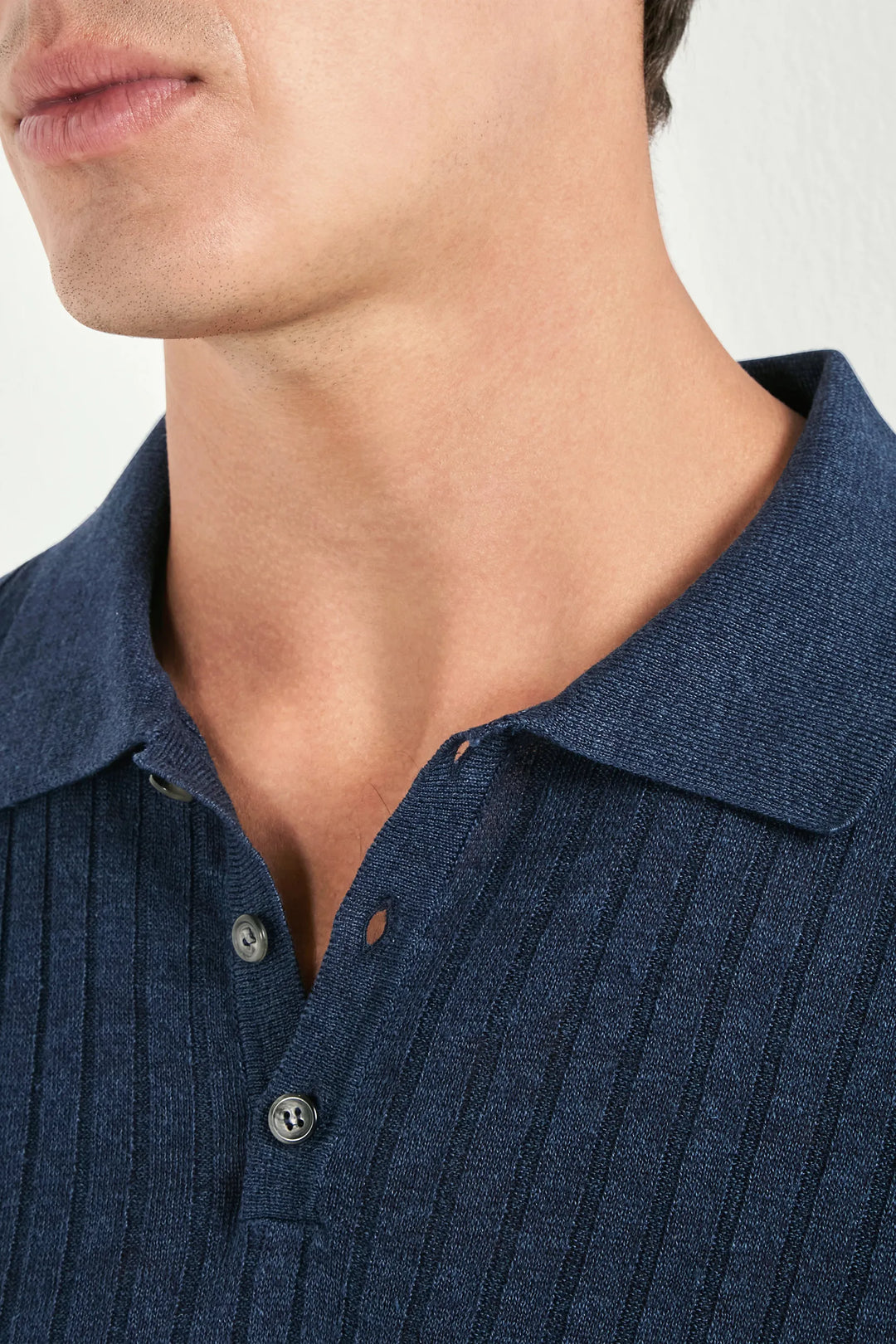 Blue cotton and linen ribbed polo - Made in Italy