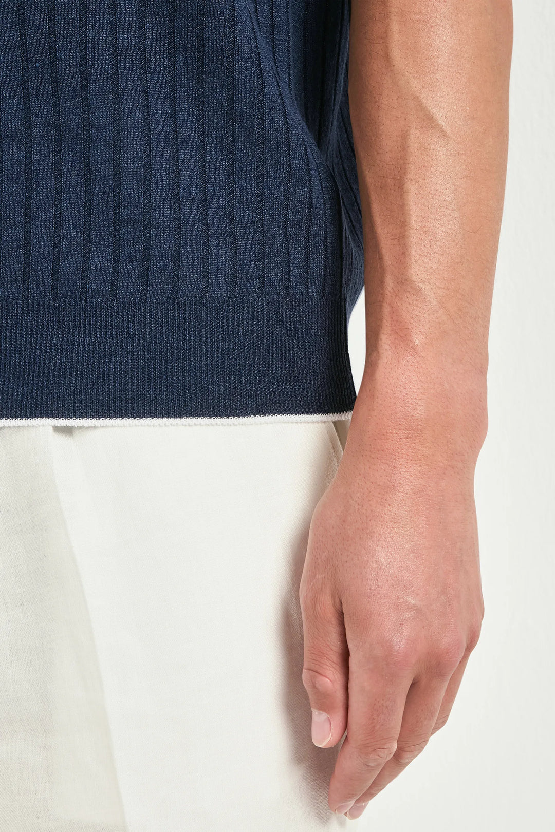 Blue cotton and linen ribbed polo - Made in Italy