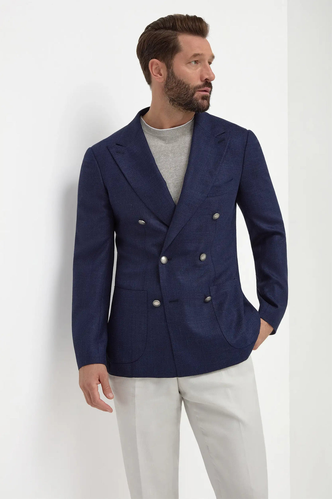 Blue herringbone double breasted jacket - Made in Italy