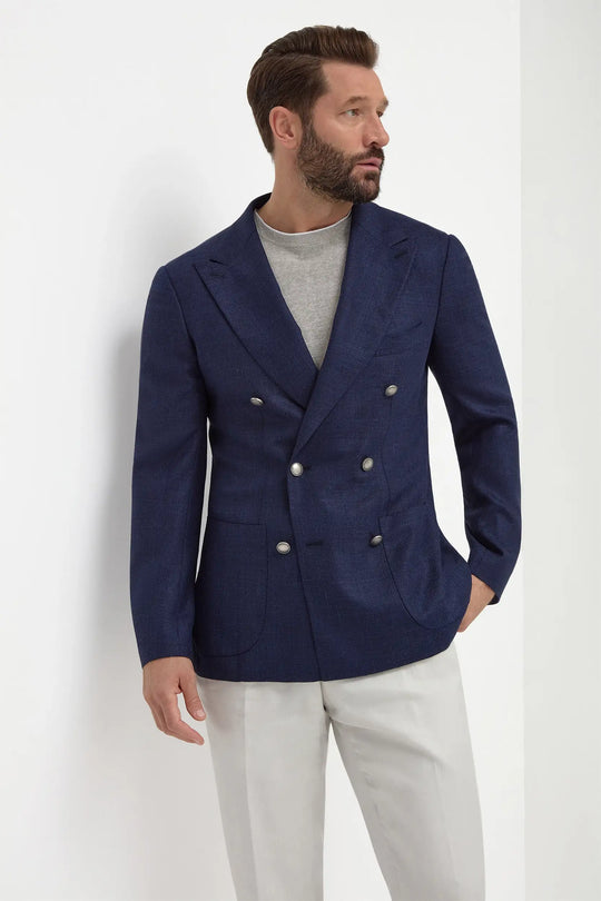 Blue herringbone double breasted jacket - Made in Italy