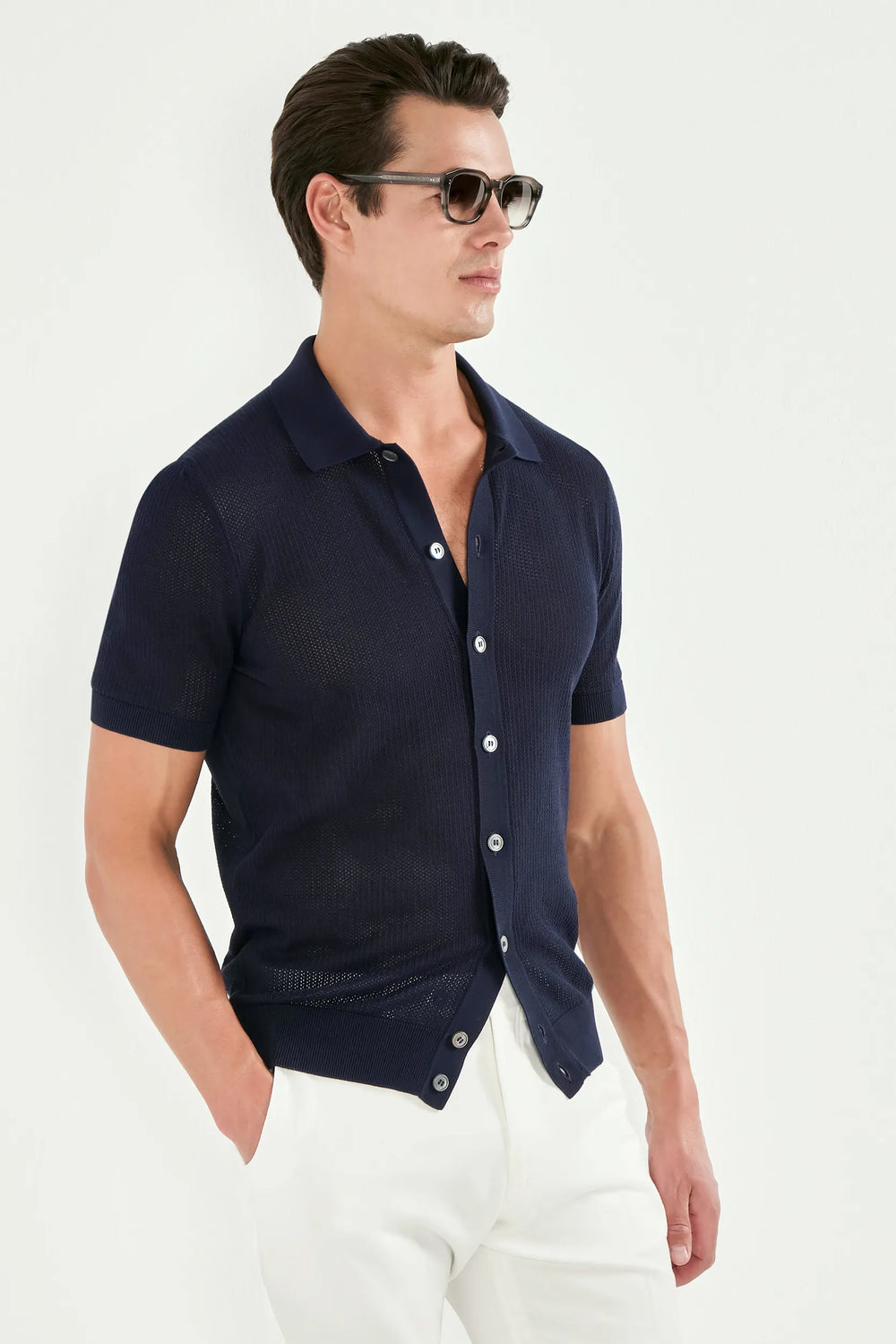 Blue knitted polo cardigan - Made in Italy