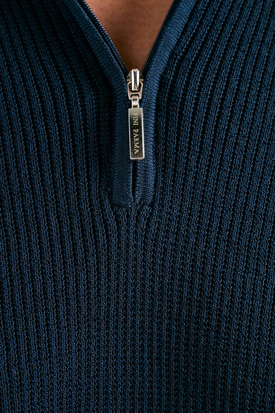 Blue ribbed zipped polo - Made in Italy