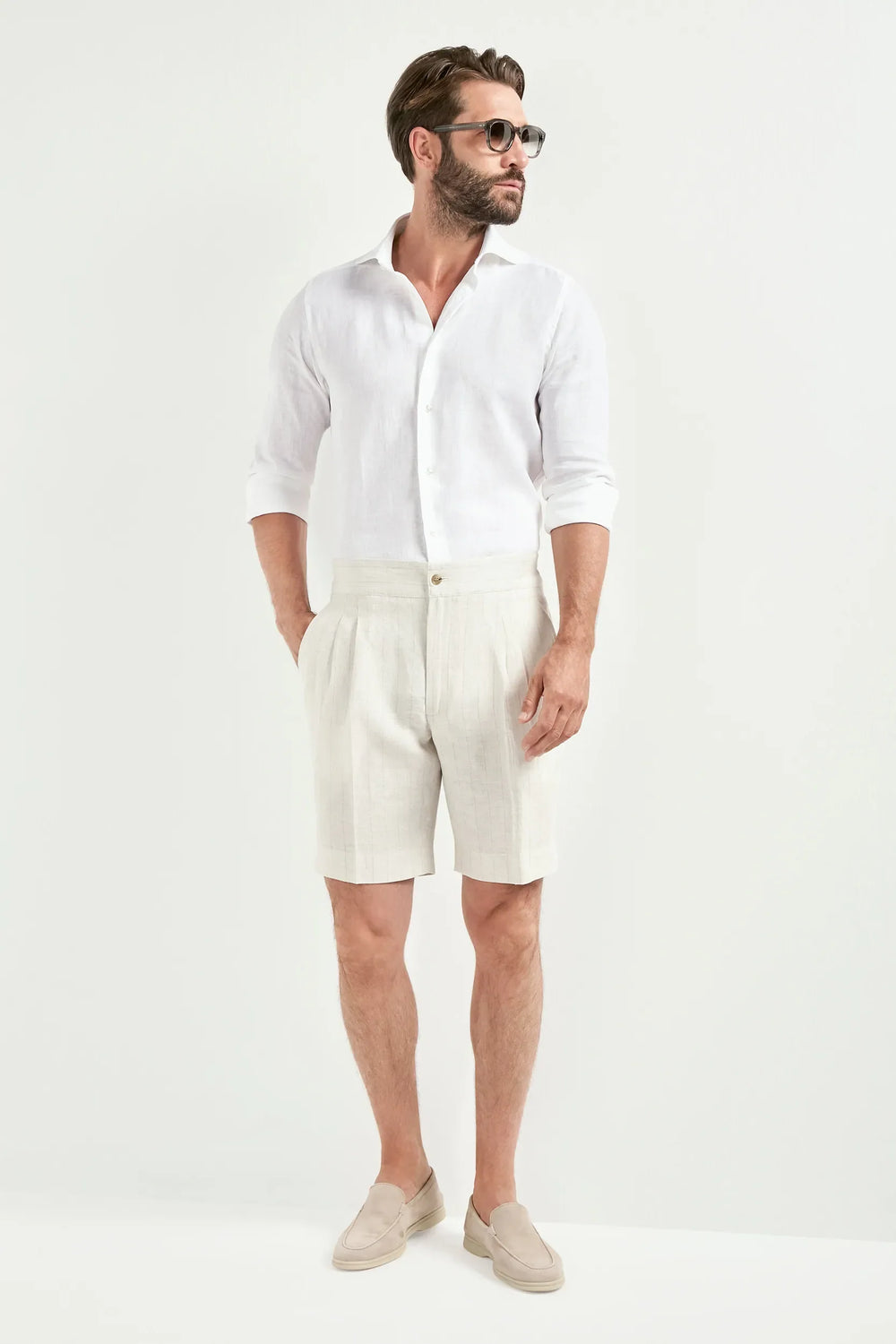 Ecru striped linen relaxed shorts - Made in Italy