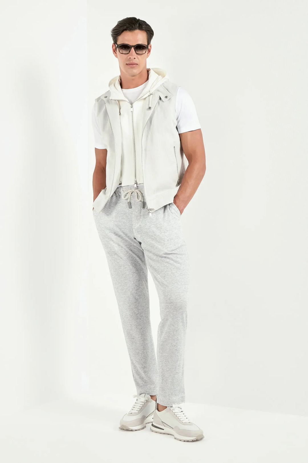 Ice grey linen and cotton hooded vest - Made in Italy
