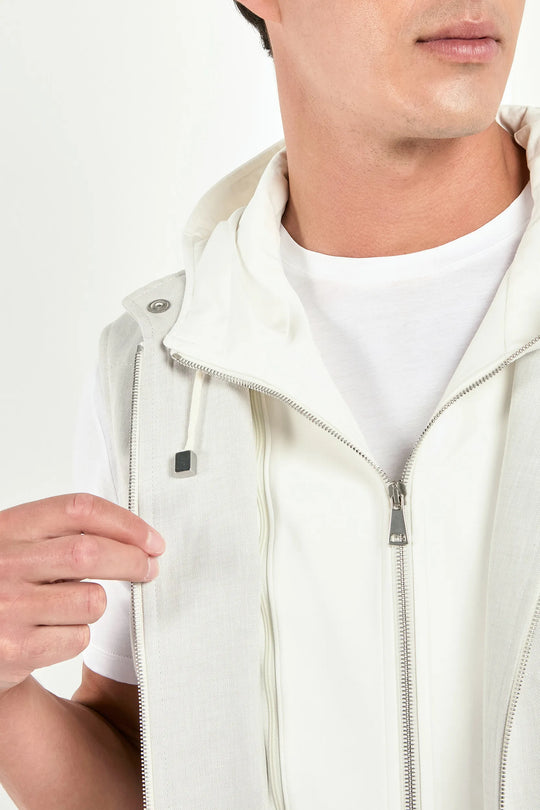 Ice grey linen and cotton hooded vest - Made in Italy