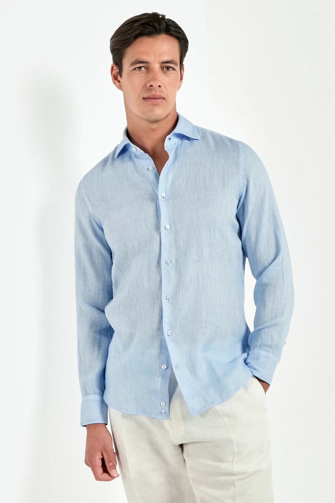 Light blue garment dyed linen shirt - Made in Italy