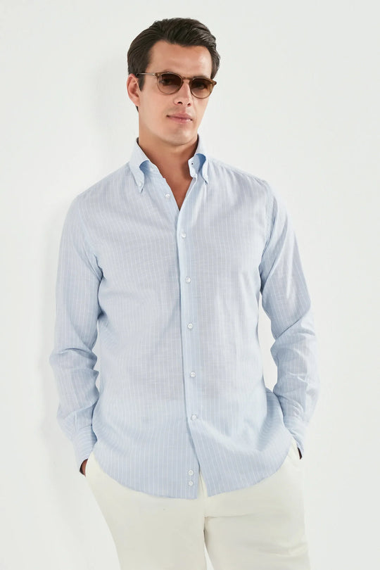 Light blue striped chambray button down shirt - Made in Italy