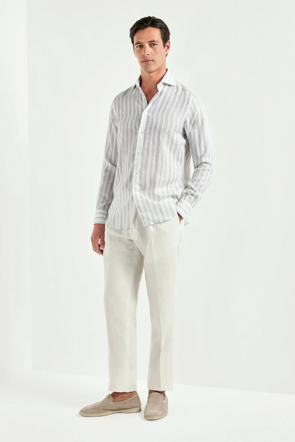 Light grey striped linen and tencel shirt - Made in Italy