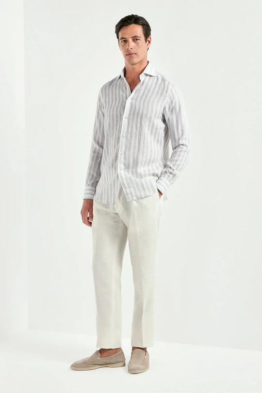 Light grey striped linen and tencel shirt - Made in Italy