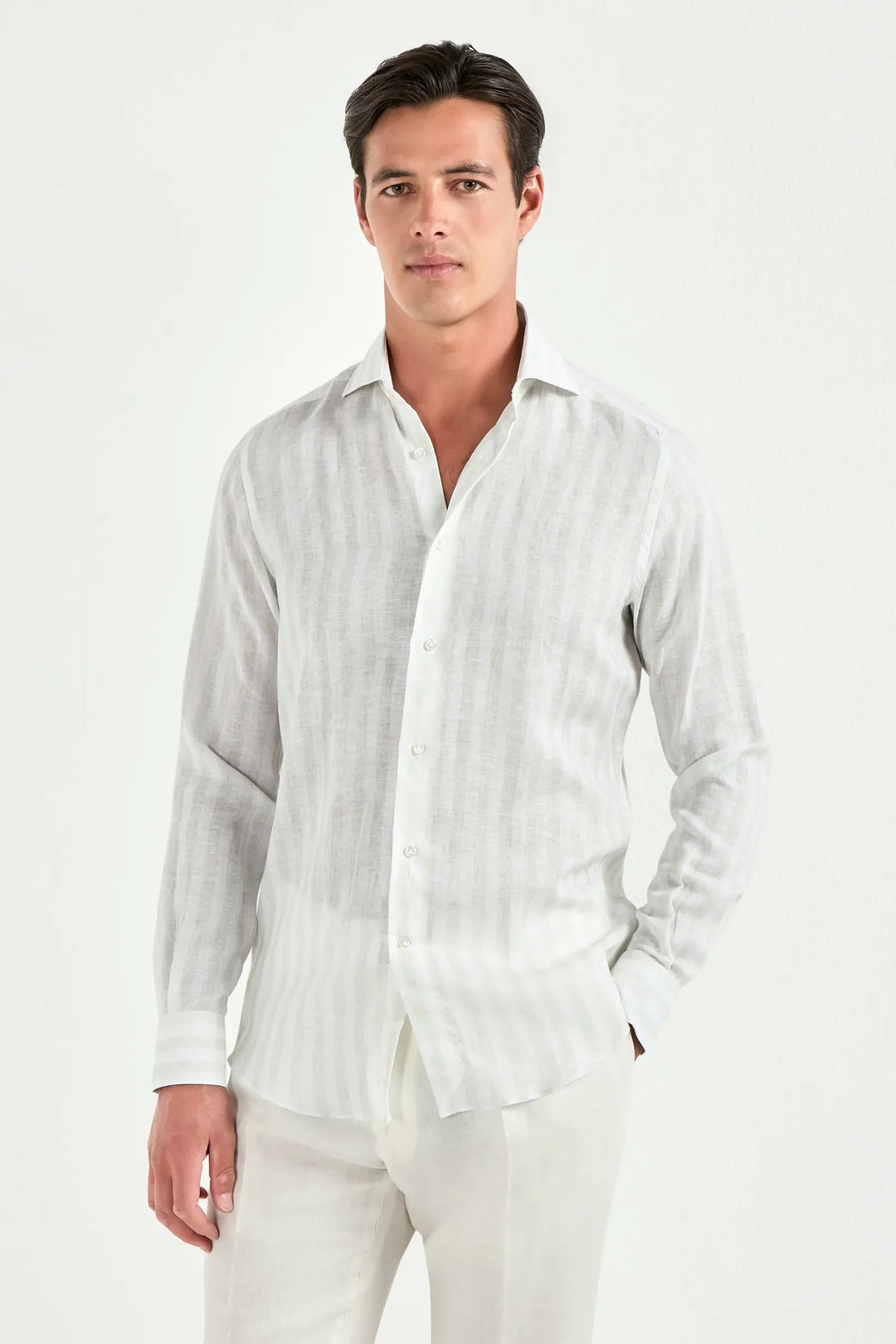 Light sage striped linen and tencel shirt - Made in Italy