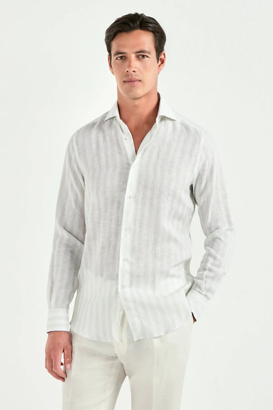 Light sage striped linen and tencel shirt - Made in Italy