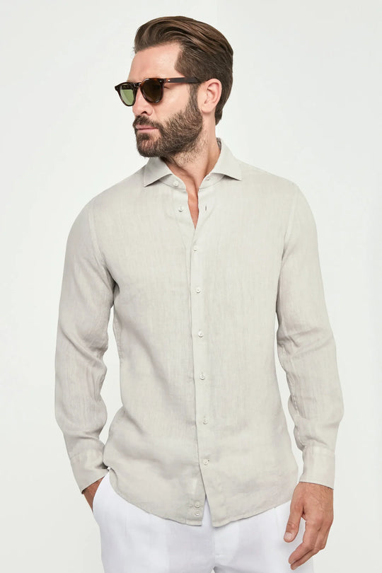 Light stone garment dyed linen shirt - Made in Italy