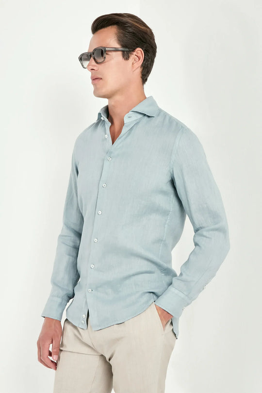 Light teal garment dyed linen shirt - Made in Italy