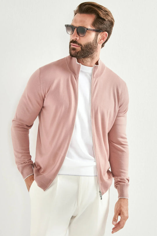 Old rose Tasmanian wool full zip cardigan - Made in Italy