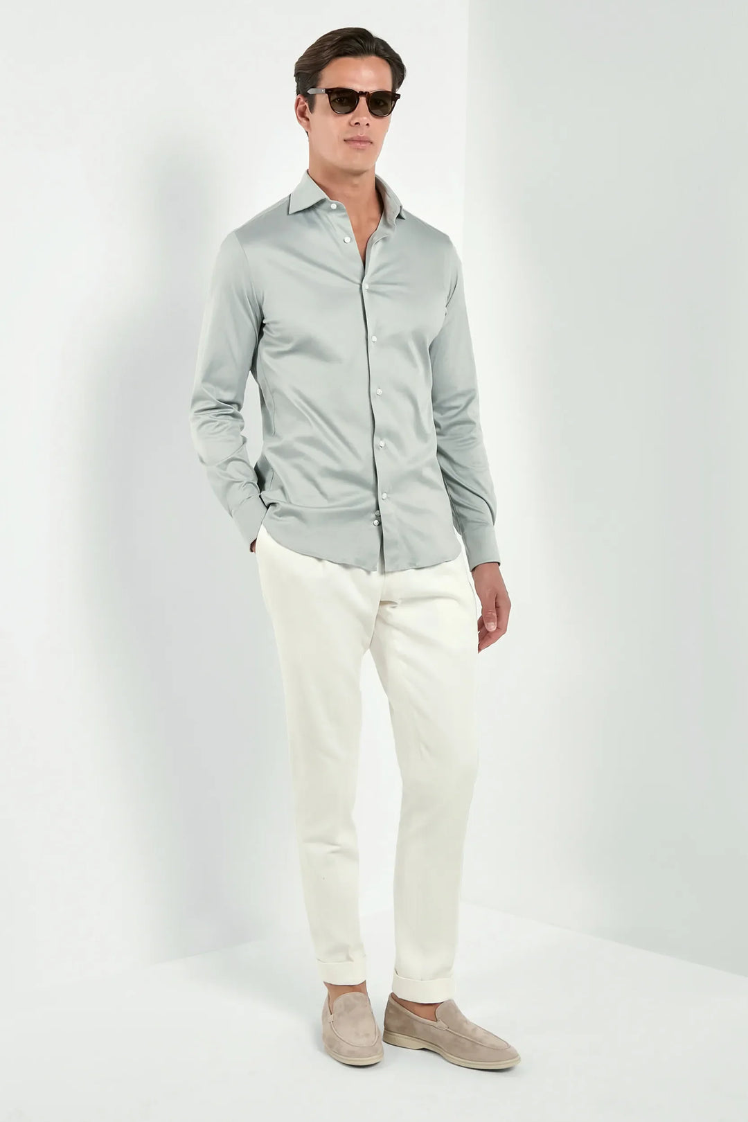Light sage mercerised cotton shirt - Made in Italy