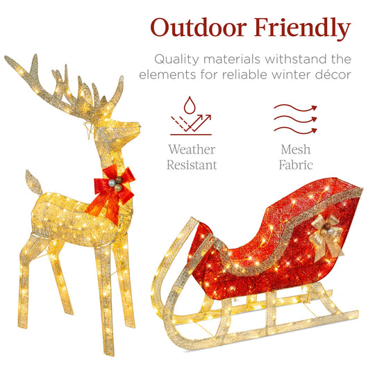 XL Lighted Christmas Reindeer & Sleigh Outdoor Decor Set w/ LED Lights
