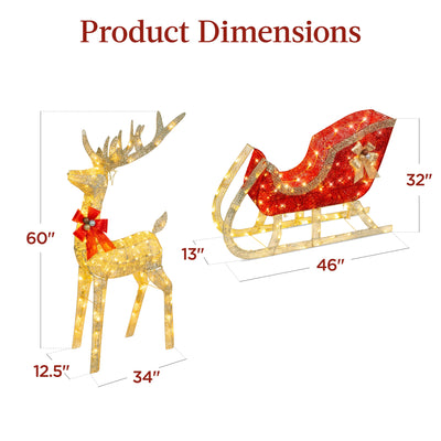 XL Lighted Christmas Reindeer & Sleigh Outdoor Decor Set w/ LED Lights