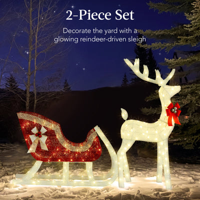 XL Lighted Christmas Reindeer & Sleigh Outdoor Decor Set w/ LED Lights