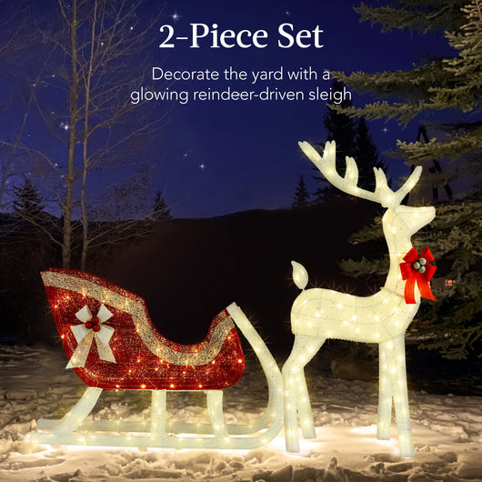 XL Lighted Christmas Reindeer & Sleigh Outdoor Decor Set w/ LED Lights