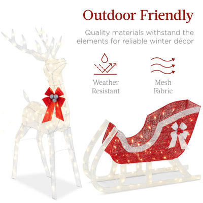 XL Lighted Christmas Reindeer & Sleigh Outdoor Decor Set w/ LED Lights