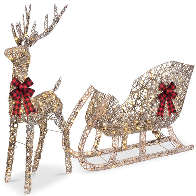 XL Lighted Christmas Reindeer & Sleigh Outdoor Decor Set w/ LED Lights