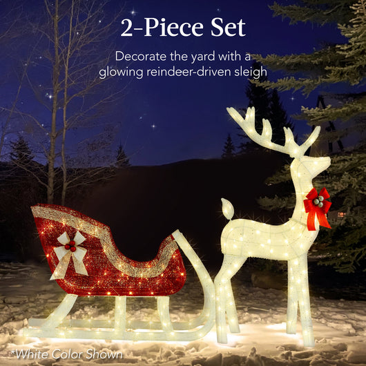 XL Lighted Christmas Reindeer & Sleigh Outdoor Decor Set w/ LED Lights