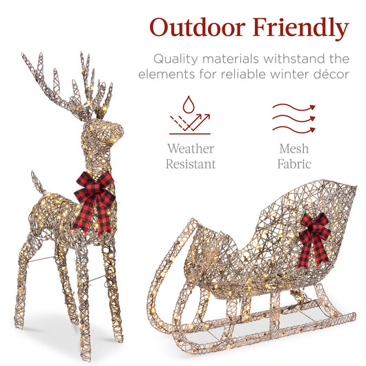 XL Lighted Christmas Reindeer & Sleigh Outdoor Decor Set w/ LED Lights