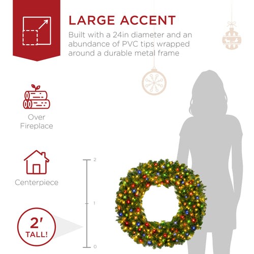 Pre-Lit Artificial Fir Christmas Wreath w/ Multicolor LED Lights, PVC Tips
