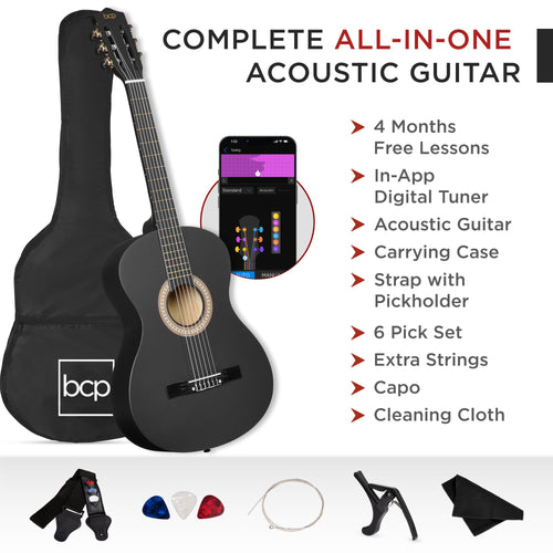 Beginner Acoustic Guitar Set w/ Case, Strap, Extra Strings - 38in