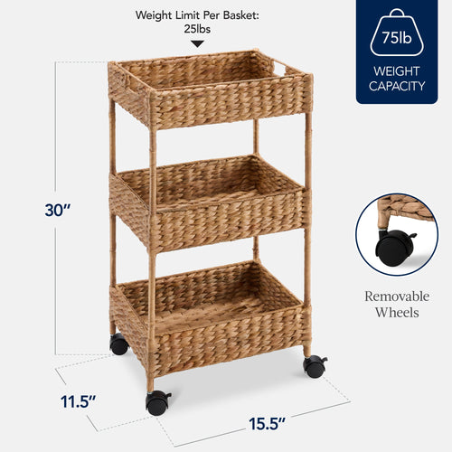 3-Tier Water Hyacinth Rolling Utility Cart w/ Weaved Baskets  Natural