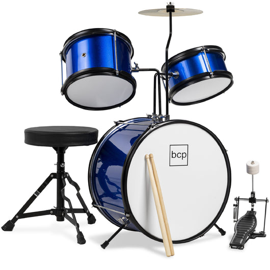 Kids Beginner 3-Piece Drum, Musical Instrument Set w/ Sticks, Stool, Pedal