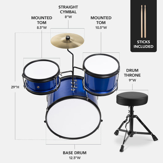 Kids Beginner 3-Piece Drum, Musical Instrument Set w/ Sticks, Stool, Pedal