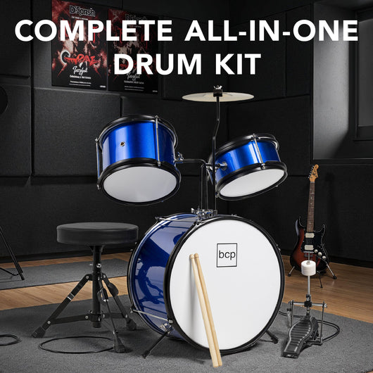 Kids Beginner 3-Piece Drum, Musical Instrument Set w/ Sticks, Stool, Pedal