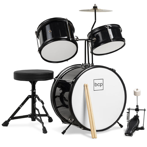 Kids Beginner 3-Piece Drum, Musical Instrument Set w/ Sticks, Stool, Pedal