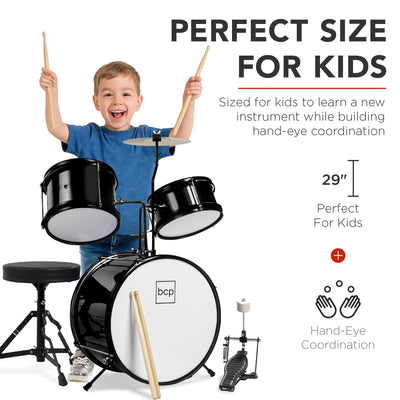 Kids Beginner 3-Piece Drum, Musical Instrument Set w/ Sticks, Stool, Pedal