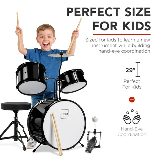 Kids Beginner 3-Piece Drum, Musical Instrument Set w/ Sticks, Stool, Pedal