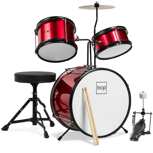 Kids Beginner 3-Piece Drum, Musical Instrument Set w/ Sticks, Stool, Pedal