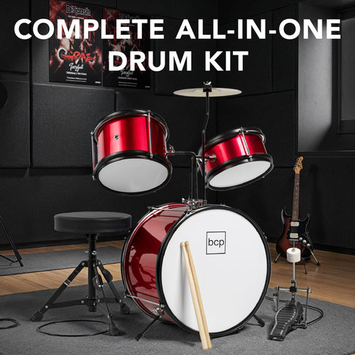 Kids Beginner 3-Piece Drum, Musical Instrument Set w/ Sticks, Stool, Pedal