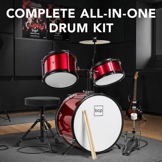 Kids Beginner 3-Piece Drum, Musical Instrument Set w/ Sticks, Stool, Pedal