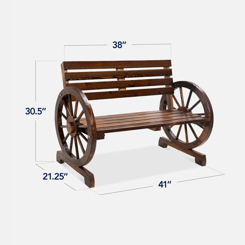 2-Person Rustic Wooden Wagon Wheel Bench w/ Slatted Seat and Backrest