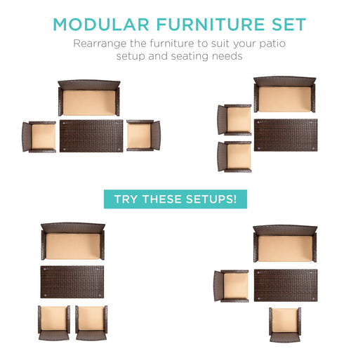 4-Piece Outdoor Wicker Conversation Patio Set w/ 4 Seats, Glass Table Top