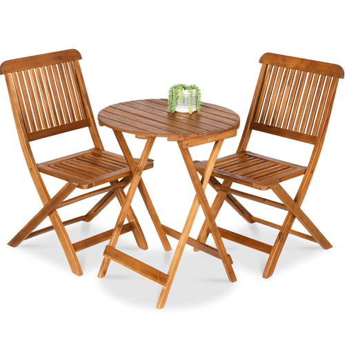 3-Piece Acacia Wood Bistro Set w/ Folding Table, 2 Chairs