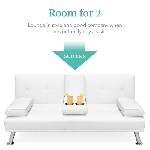 Faux Leather Upholstered Convertible Sofa Bed Futon w/ 2 Cupholders