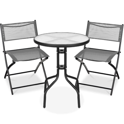 3-Piece Bistro Set w/ Glass Table, 2 Foldable Chairs