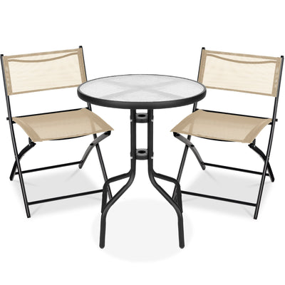 3-Piece Bistro Set w/ Glass Table, 2 Foldable Chairs