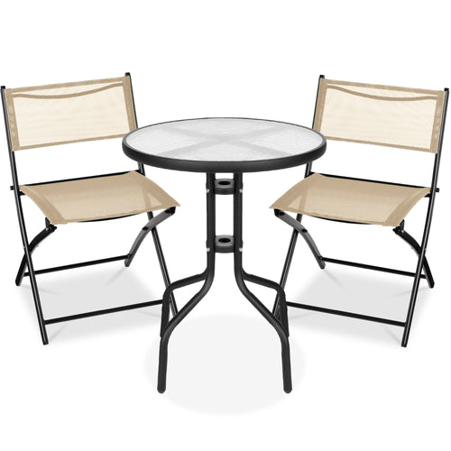 3-Piece Bistro Set w/ Glass Table, 2 Foldable Chairs